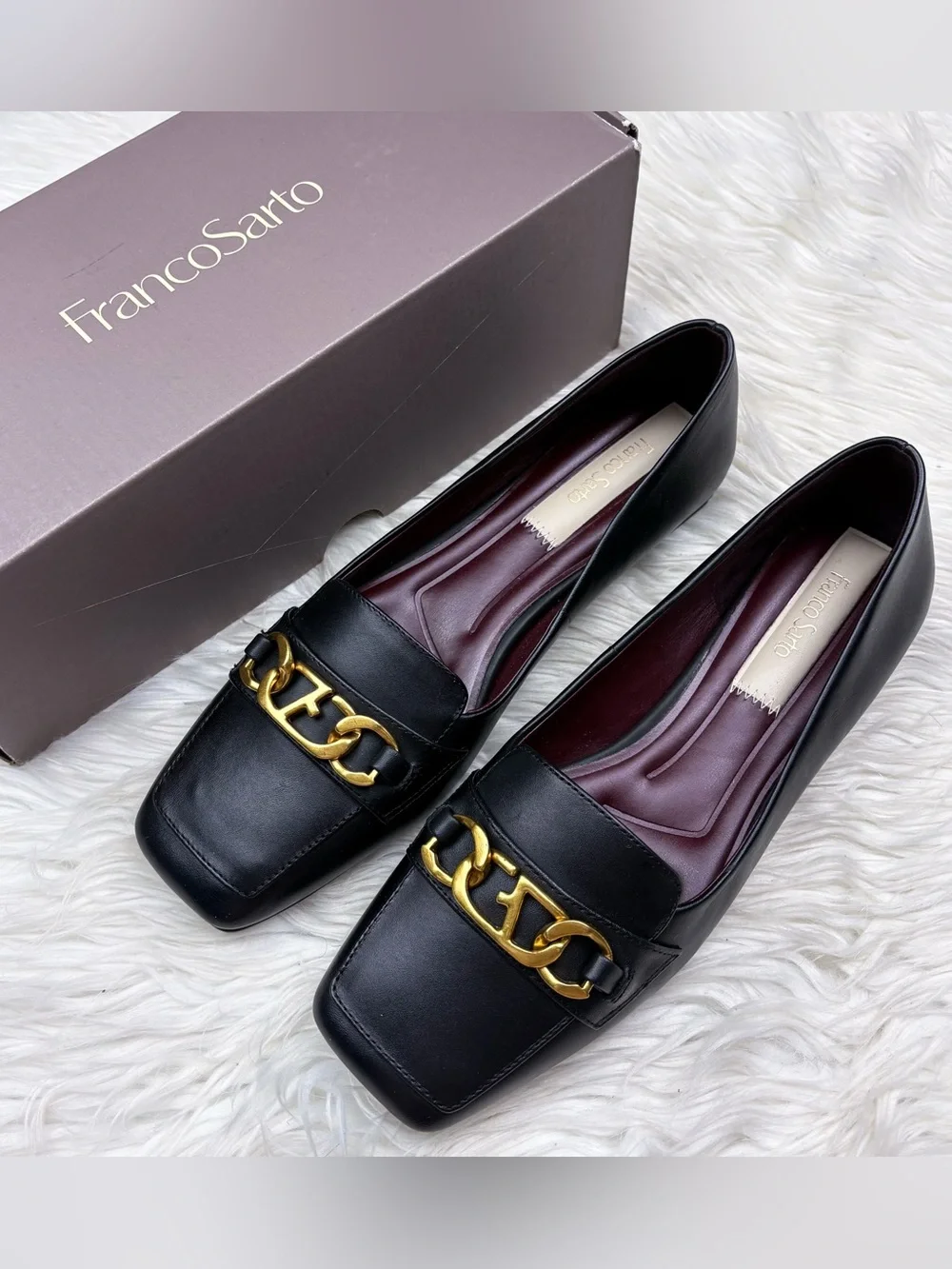 Franco Sarto Tiari Square Toe Loafer Flats Black Smooth Leather Gold Chain NEW 8